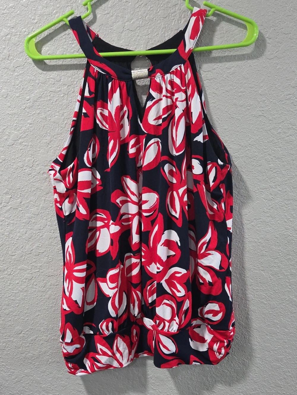 Premise Floral Halter Tank Top - Red & White Flowers Black Background